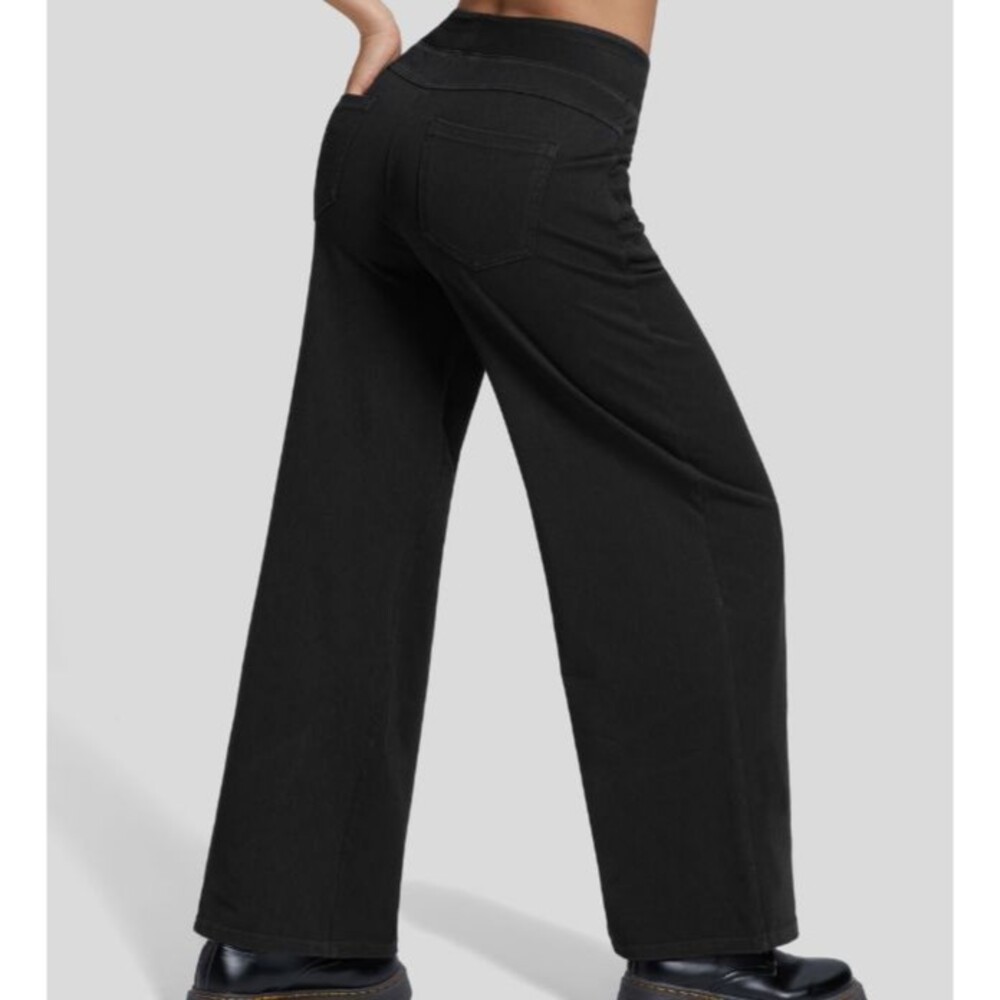 Halara Flex Stretch Knit Denim High Waist Wide Leg Pull On Jeans Black Sz Large